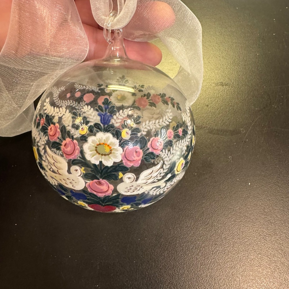 Hand Blown Painted Glass Ornament Home Decor Clear Floral Dove Heart Folk Art